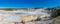 Panoramic scenic view of milky blue pools of hot spring water in Porcelain Basin Hot Springs thermal area