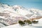 Panoramic scenic view of outdoor Mountain cafe empty seats with no people in Gudauri ski resort