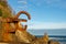 Panoramic of sculptures of the comb of the Wind, at sunrise with blue sky, horizontally, in San Sebastian