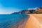 Panoramic sea beach landscape near Gaeta, Lazio, Italy. Nice sand beach and clear blue water. Famous tourist destination in