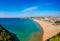 Panoramic sea landscape with Gaeta, Lazio, Italy. Scenic historical town with old buildings, ancient churches, nice sand beach and