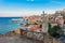 Panoramic sea landscape with Gaeta, Lazio, Italy. Scenic historical town with old buildings, ancient churches, nice sand beach and