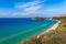 Panoramic sea landscape with Gaeta, Lazio, Italy. Scenic historical town with old buildings, ancient churches, nice sand beach and