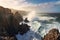 panoramic seascape capturing the raw power of crashing waves against rugged cliffs, with dramatic coastal rock formations