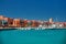 Panoramic seascape on colorful Marina promenade street from Red Sea with moored motor yachts. Marina, Hurghada, Egypt