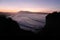 Panoramic seascape view on mountain jaizkibel on atlantic ocean in sunset, basque country, france