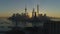 Panoramic Shanghai Skyline at Sunrise. China. Aerial View. Flying Sideways and Upward