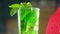 Panoramic shot of carbonated green refreshing cocktail with mint leaf, ice cubes
