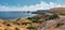 Panoramic shot of the coast of Aphrodite`s birthplace near Paphos city, Cyprus. A popular holiday destination. Tourism