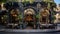 Panoramic shot of the facade of a charming cozy family restaurant in an abstract European city