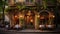 Panoramic shot of the facade of a charming cozy family restaurant in an abstract European city