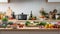 Panoramic shot of fresh vegetables and cooking utensils on table in kitchen. generative ai