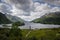Panoramic shot of the Glenfinnan Monument at the head of Loch Shiel, a memorial to the Jacobites