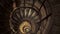 Panoramic shot of a high spiral staircase from above. Focus on the front of the stairs. The concept of an unknown future