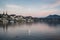 Panoramic shot of lake Lucerne with the steeples of the Church of St. Leodegar