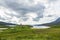 Panoramic shot of Loch Assynt with the ruins of Ardvreck Castle in north west Scotland