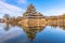 Panoramic shot of Matsumoto Castle Park with the reflection of the castle on the moat