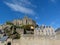 Panoramic shot of the Mont Saint-Michel Abbaye in France with thin clouds background