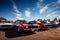 Panoramic shot showcasing muscle cars at classic automotive show. Generative AI
