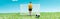 Panoramic shot of toy goalkeeper near gates and ball on blue background