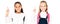 panoramic shot of two cute multicultural schoolgirls showing idea gestures isolated on white.