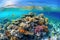 panoramic shot of a vibrant coral reef in crystal-clear turquoise waters, teeming with colorful fish, intricate coral formations