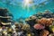 panoramic shot of a vibrant coral reef in crystal-clear turquoise waters, teeming with colorful fish, intricate coral formations