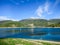 Panoramic sight in Castel di Tora with Lake Turano, beautiful village in the Province of Rieti. Lazio, Italy