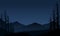 Panoramic silhouette of mountains with realistic pine trees from the edge of the city at night. Vector illustration
