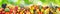Panoramic skinali from bright fresh vegetables, fruits, berries on green blurred background