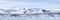 Panoramic Snow covered Icelandic volcanic landscape in winter near Lake Myvatn, north east Iceland