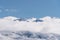 Panoramic snow mountains over white clouds and blue sky