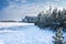 Panoramic snowy winter landscape.