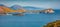 Panoramic sping view of Ali Pasha Tepelena Fortress. Picturesque morning seascape od Adriatic sea.