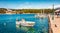 Panoramic spring cityscape of Fiskardo port. Stunning morning seascape of Ionian Sea.