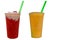 Panoramic still life of ice cream slush frozen colorful frozen fruit granita drinks flowing into takeaway plastic cups with ice