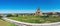 Panoramic of a stone church in Castilian village in Spain