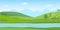 Panoramic summer landscape. Rural scenery with river, green hills and mountains.