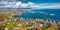 Panoramic summer view from flying drone of Torshavn town.