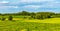 Panoramic summer view of meadows and wooded plains at Jezioro Selmet Wielki lake in Sedki village in Masuria region of Poland