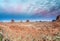 Panoramic sunet view of Monument Valley scenario from visitor ce