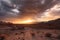 panoramic sunrise over desert landscape, with dramatic clouds and sky