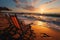 Panoramic sunset beachscape with loungers, umbrella, and vibrant summer sky