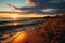 Panoramic sunset beachscape with loungers, umbrella, and vibrant summer sky