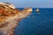 Panoramic sunset landscape of Petra tou Romiou (The rock of the Greek), Aphrodite& 39;s legendary birthplace in Paphos, Cyprus