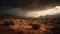 Panoramic sunset over majestic mountain range in arid wilderness area generated by AI