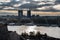 Panoramic sunset view of Belgrade Fortress, Kalemegdan Park, Sava and Danube Rivers in city.