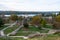 Panoramic sunset view of Belgrade Fortress, Kalemegdan Park, Sava and Danube Rivers in city.