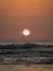 Panoramic sunset view of Huanchaco beach waves at pacific ocean sea sand Trujillo La Libertad Peru South America