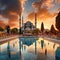 Panoramic sunset view of Istanbul's skyline with the Blue Mosque and Hagia Sophia